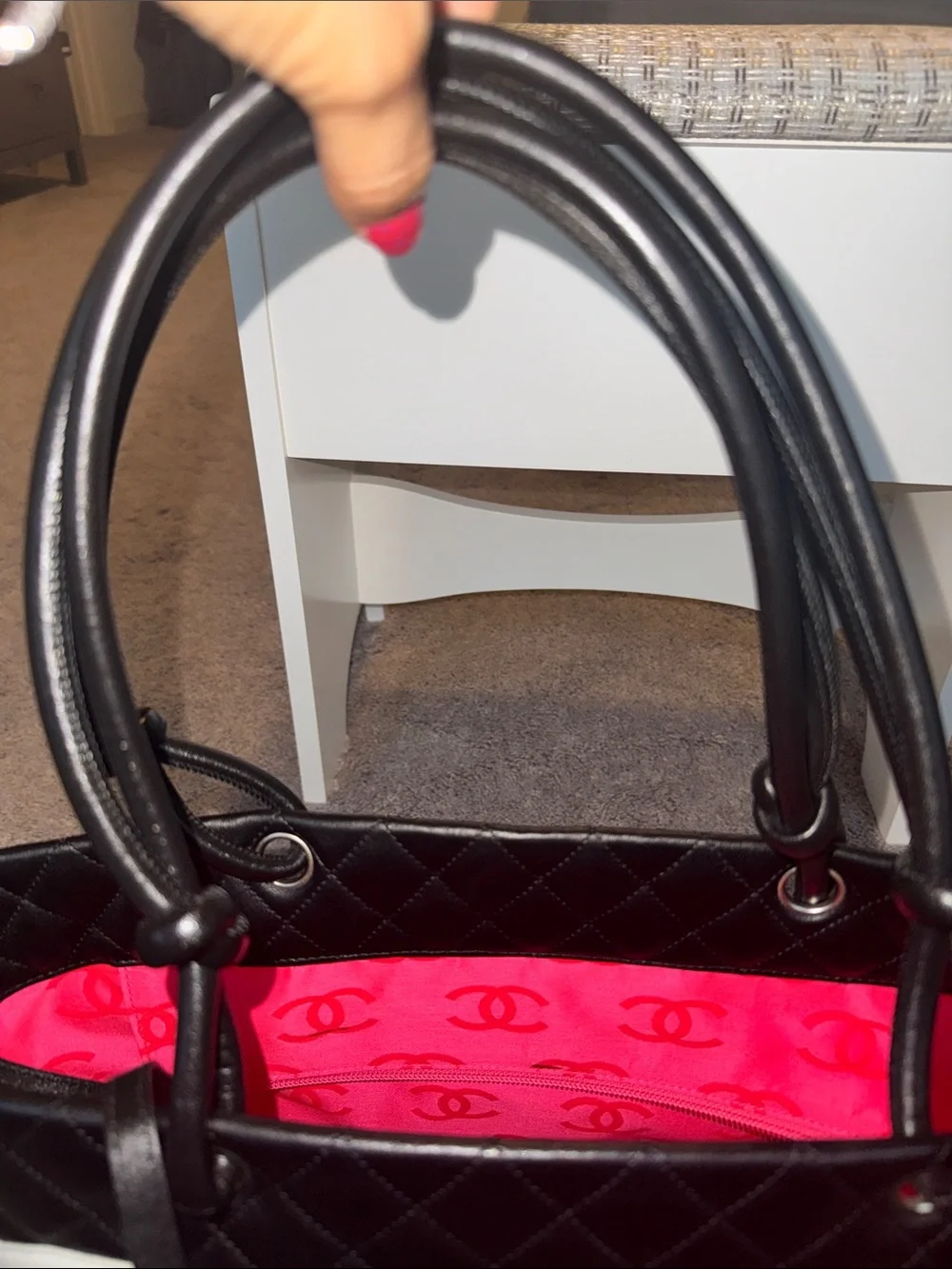 CHANEL Cambon Tote Black Quilted Tote with White CC Patch